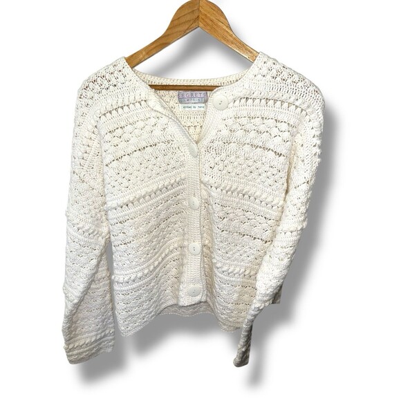 Vintage White Knit Cardigan Button Front Hand Knit Sweater Womens Medium - Picture 12 of 16
